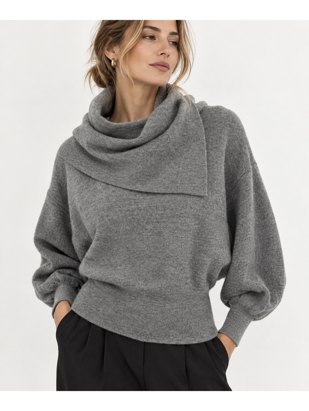 Tweeds Women’s Merino Wool Sweater Gray Cowl Neck Dolman Quiet Luxury Minimalist